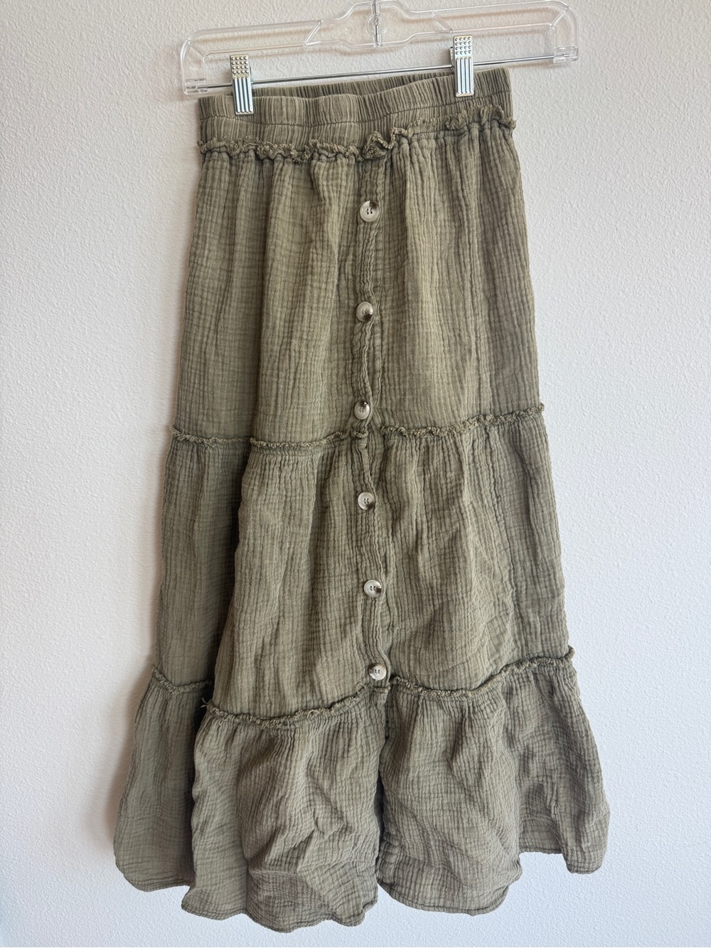 Sivana 100% Cotton Olive Green Cotton Gauze Tiered Maxi Skirt Button Front